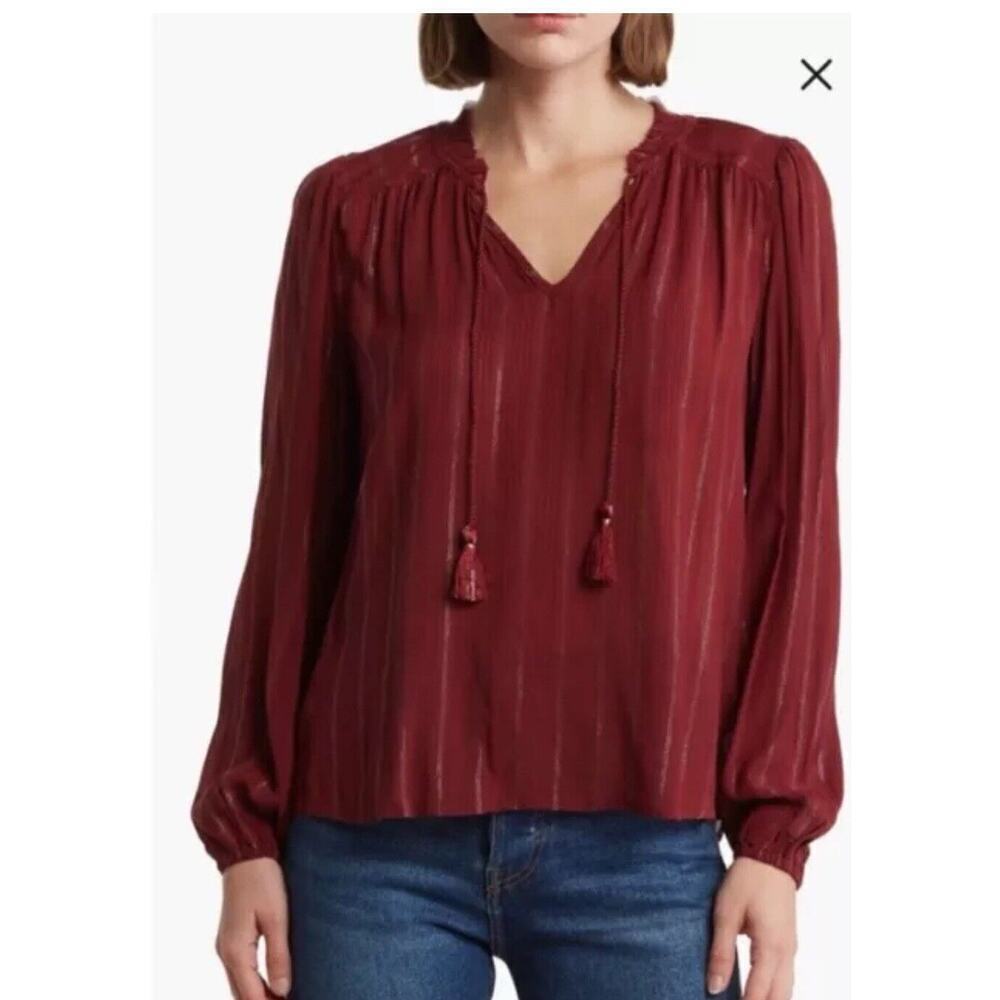 Lucky Brand Boho Peasant Brick Red Metallic stripes Popover Blouse Sz M